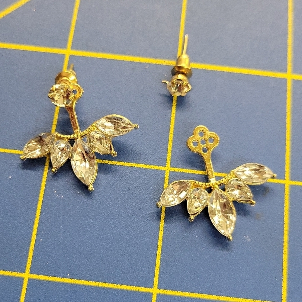 2 Sided Rhinestone Earrings Gold Tone 1" Earrings